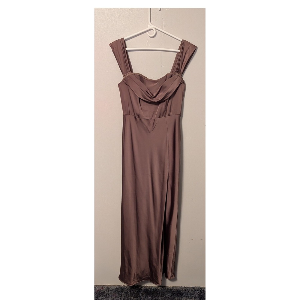 Birdy Grey Satin Cowl Neck Maxi Dress Taupe Mauve Bridesmaid Formal Gown M